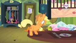 Size: 879x494 | Tagged: safe, applejack, scootaloo, g4, somepony to watch over me, hub logo, meme, under the bed