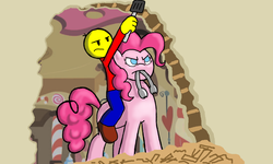 Size: 900x540 | Tagged: dead source, safe, artist:equinox23, pinkie pie, earth pony, pony, g4, blockhead, crossover, fanfic art, female, mare, mouth hold, sugarcube corner, tongs