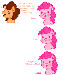 Size: 722x873 | Tagged: safe, artist:suikaba, cheese sandwich, pinkie pie, g4, blushing, comic, female, heart, male, marriage proposal, oblivious, ship:cheesepie, shipping, straight