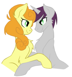 Size: 1024x1097 | Tagged: safe, artist:fluffomaru, carrot top, golden harvest, written script, earth pony, pony, unicorn, g4, chest fluff, eye contact, female, male, mare, ship:goldenscript, shipping, simple background, stallion, straight, transparent background