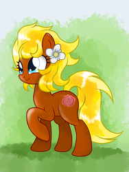 Size: 1536x2048 | Tagged: safe, artist:ruhisu, oc, oc only, oc:sunny caramel, pony, blonde, blonde hair, commission, cute, female, flower, mare, raised hoof, smiling, solo, spring, standing, sunlight