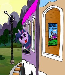 Size: 837x955 | Tagged: safe, artist:psoras, twilight sparkle, pony, unicorn, g4, camera, female, railfan twilight, solo, this will end in tears and/or death, tongue out, train