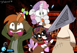 Size: 1149x789 | Tagged: safe, artist:az-derped-unicorn, artist:daniel-sg, artist:diebro210, button mash, sweetie belle, winona, dog, pony, unicorn, g4, colt, female, filly, foal, hat, headphones, james sunderland, konami, male, maria (silent hill), parody, propeller hat, pyramid head, silent hill, tongue out