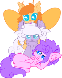 Size: 1884x2369 | Tagged: safe, artist:flowertartanon, oc, oc only, oc:dandelion, oc:flowertart, oc:orange pop, mothpony, filly, looking at you, lying down, lying on top of someone, pony pile, simple background, tower of pony, transparent background