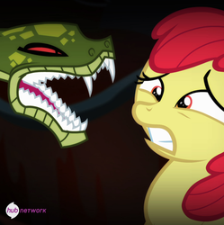 Size: 546x549 | Tagged: safe, screencap, apple bloom, chimera sisters, chimera, earth pony, pony, snake, g4, somepony to watch over me, cropped, duo, fangs, female, filly, hub logo, hub network, multiple heads, open mouth, scared, the hub, three heads