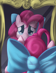 Size: 762x992 | Tagged: safe, artist:sip, pinkie pie, g4, bow, female, hair bow, mirror, sad, solo