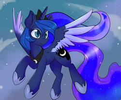 Size: 2550x2100 | Tagged: safe, artist:lustrous-dreams, princess luna, alicorn, pony, g4, cloud, colored wings, colored wingtips, ethereal mane, female, flying, high res, hoof shoes, mare, sky, smiling, solo, spread wings, starry mane, stars, windswept mane, wings