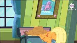 Size: 520x289 | Tagged: safe, screencap, applejack, earth pony, pony, g4, somepony to watch over me, butt, female, hub logo, mare, plot, solo