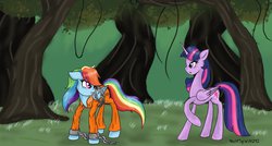 Size: 1221x654 | Tagged: safe, artist:wolfspirit1292, rainbow dash, twilight sparkle, alicorn, pony, g4, angry, chains, clothes, duo, everfree forest, female, mare, prison outfit, prisoner, prisoner rd, shackles, twilight sparkle (alicorn)