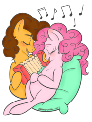 Size: 1024x1365 | Tagged: safe, artist:dragonfoxgirl, cheese sandwich, pinkie pie, earth pony, pony, g4, accordion, blushing, eyes closed, female, hoof hold, male, mare, music, musical instrument, on back, open mouth, pillow, preggy pie, pregnant, ship:cheesepie, shipping, simple background, smiling, stallion, straight, transparent background