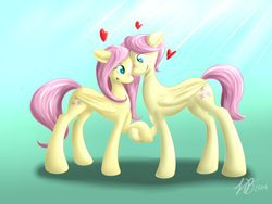 Size: 1600x1200 | Tagged: safe, artist:greenknight5700, fluttershy, pegasus, pony, g4, adorascotch, blushing, butterscotch, cute, female, floating heart, heart, looking at each other, looking at someone, looking into each others eyes, male, r63 paradox, rule 63, rule63betes, self ponidox, selfcest, ship:flutterscotch, shipping, straight