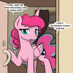 Size: 1000x1000 | Tagged: safe, artist:theparagon, princess luna, alicorn, pony, hunted luna, g4, ask, colored pupils, dialogue, door, ethereal mane, female, mare, partial transformation, pinkluna, princess moonpie, solo, speech bubble, tumblr