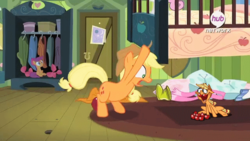 Size: 879x494 | Tagged: safe, applejack, scootaloo, pony, .mov, g4, somepony to watch over me, exploitable, hub logo, jappleack, under the bed