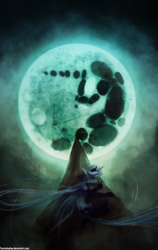 Size: 907x1436 | Tagged: safe, artist:foxinshadow, princess luna, anthro, g4, female, mare in the moon, moon, mountain, solo