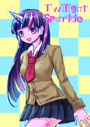 Size: 2480x3507 | Tagged: safe, artist:ruya_kaisei, twilight sparkle, human, g4, clothes, female, high res, horn, horned humanization, humanized, miniskirt, pixiv, school uniform, schoolgirl, skirt, solo