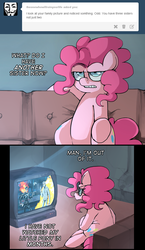 Size: 700x1210 | Tagged: safe, artist:uc77, pinkie pie, ask hotblooded pinkie, g4, ask, couch, dialogue, hotblooded pinkie pie, inferno cop, lidded eyes, sitting, television, tumblr