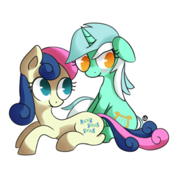 Size: 800x800 | Tagged: safe, artist:gingersnaap, bon bon, lyra heartstrings, sweetie drops, earth pony, pony, unicorn, g4, blushing, duo, no pupils, simple background, smiling, transparent background