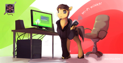 Size: 1920x996 | Tagged: safe, artist:mechagen, oc, oc only, earth pony, pony, cellphone, chair, computer, hoof hold, office chair, solo