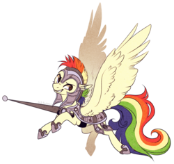 Size: 2667x2514 | Tagged: safe, artist:sutexii, oc, oc only, oc:ivory bolt, pegasus, pony, armor, earring, female, flying, high res, jousting, mare, rainbow hair, solo, spread wings, wings