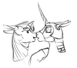 Size: 901x800 | Tagged: safe, artist:archonix, nightmare moon, twilight sparkle, g4, :o, bedroom eyes, boop, bridle, eye contact, female, floppy ears, lesbian, monochrome, noseboop, open mouth, ship:twimoon, shipping, sketch, smiling