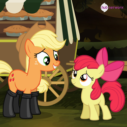 Size: 549x548 | Tagged: safe, screencap, apple bloom, applejack, g4, my little pony: friendship is magic, somepony to watch over me, fireproof boots, hub logo, hub network, the hub