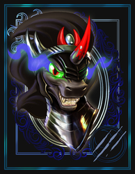 Size: 700x900 | Tagged: safe, artist:harwick, king sombra, harwick's sun/moon portraits, g4, evil smile, fangs, grin, male, portrait, smiling, solo, sombra eyes