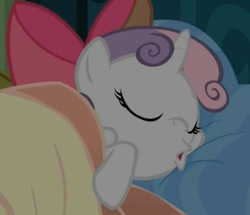 Size: 840x724 | Tagged: safe, screencap, sweetie belle, g4, my little pony: friendship is magic, somepony to watch over me, apple bloom's bow, bed, female, sleeping, solo