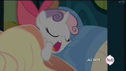 Size: 1920x1080 | Tagged: safe, screencap, sweetie belle, g4, somepony to watch over me, apple bloom's bow, bed, bow, female, hub logo, sleeping, solo