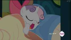 Size: 1920x1080 | Tagged: safe, screencap, sweetie belle, g4, my little pony: friendship is magic, somepony to watch over me, apple bloom's bow, bed, bow, female, hub logo, sleeping, solo