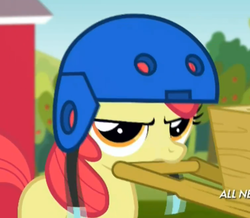 Size: 535x466 | Tagged: safe, screencap, apple bloom, pony, g4, somepony to watch over me, annoyed, female, helmet, solo