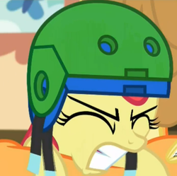 Size: 491x489 | Tagged: safe, screencap, apple bloom, g4, somepony to watch over me, double helmet, female, helmet, helmetception, solo
