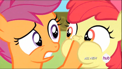 Size: 1920x1080 | Tagged: safe, screencap, apple bloom, scootaloo, g4, somepony to watch over me, hoof in mouth, hub logo, no time for a song