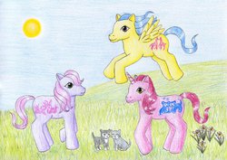 Size: 1024x725 | Tagged: safe, artist:normaleeinsane, tabby, tall tales, cat, g1, happy tails ponies, romper, traditional art