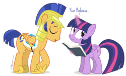 Size: 1023x619 | Tagged: safe, artist:dm29, flash sentry, twilight sparkle, alicorn, pegasus, pony, g4, amused, armor, book, female, male, mare, royal guard, ship:flashlight, shipping, simple background, stallion, straight, transparent background, twilight sparkle (alicorn)