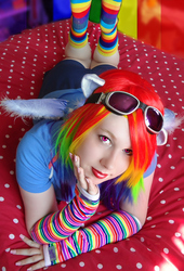 Size: 1283x1885 | Tagged: safe, artist:amphyrainbows, rainbow dash, human, g4, clothes, cosplay, irl, irl human, missing shoes, photo, photoshop, rainbow socks, socks, solo, striped socks