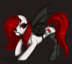 Size: 1170x1053 | Tagged: safe, artist:prettypinkpony, oc, oc only, bat pony, pony, bat pony oc, bondage, bridle, butt, clothes, fangs, female, long eyelashes, mare, plot, saddle, socks, solo, stockings, striped socks