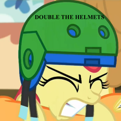 Size: 491x489 | Tagged: safe, screencap, apple bloom, g4, somepony to watch over me, double helmet, female, helmetception, image macro, meme, solo, yo dawg