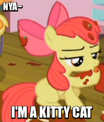 Size: 213x249 | Tagged: safe, edit, edited screencap, screencap, apple bloom, cat, earth pony, pony, g4, somepony to watch over me, adorabloom, animated, behaving like a cat, caption, cute, female, filly, image macro, kitty bloom, licking, meme, mlem, nya, silly, sitting, solo, spaghetti, text, tongue out