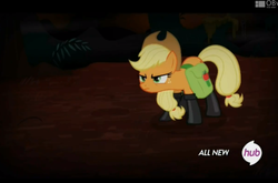 Size: 1844x1216 | Tagged: safe, screencap, applejack, g4, somepony to watch over me, boots, female, fireproof boots, hub logo, saddle bag, solo