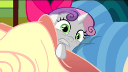 Size: 1920x1080 | Tagged: safe, screencap, sweetie belle, g4, somepony to watch over me, bed, blanket, female, scared, solo, sweetie belle's nightmare