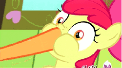 Size: 576x324 | Tagged: safe, screencap, apple bloom, scootaloo, g4, somepony to watch over me, animated, female, hoof in mouth, hub logo, hubble, the hub