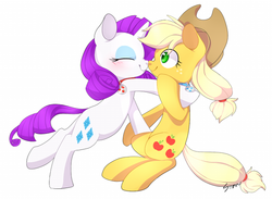 Size: 600x438 | Tagged: safe, artist:sion, applejack, rarity, g4, collar, female, lesbian, ship:rarijack, shipping, simple background