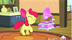 Size: 576x324 | Tagged: safe, screencap, apple bloom, earth pony, pony, g4, season 4, somepony to watch over me, adorabloom, animated, cute, dancing, female, hub logo, hubble, phonograph, prancing, solo, the hub, weapons-grade cute