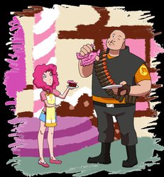 Size: 859x930 | Tagged: safe, artist:ominous-artist, pinkie pie, human, g4, apron, cake, clothes, crossover, heavy (tf2), humanized, team fortress 2