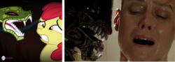 Size: 1537x549 | Tagged: safe, apple bloom, alien, chimera, snake, xenomorph, derpibooru, g4, my little pony: friendship is magic, somepony to watch over me, alien (franchise), alien 3, comparison, ellen ripley, exploitable meme, hub logo, meme, meta