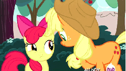 Size: 576x324 | Tagged: safe, screencap, apple bloom, applejack, g4, somepony to watch over me, animated, female, helmet, hub logo, hubble, the hub