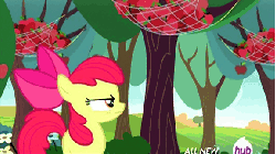 Size: 576x324 | Tagged: safe, screencap, apple bloom, applejack, pony, g4, somepony to watch over me, angry, animated, apple bloom is not amused, dressing, female, helmet, hub logo, hubble, the hub, tree