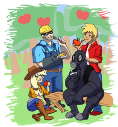 Size: 800x866 | Tagged: safe, artist:ominous-artist, applejack, big macintosh, human, g4, apple, crossover, engineer, engineer (tf2), humanized, pie, pyro (tf2), team fortress 2