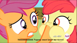 Size: 1920x1080 | Tagged: safe, screencap, apple bloom, scootaloo, g4, somepony to watch over me, hub logo, image macro, meme, no time for a song