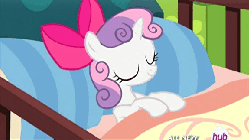 Size: 576x324 | Tagged: safe, screencap, sweetie belle, pony, unicorn, g4, somepony to watch over me, animated, bed, blanket, bow, cute, diasweetes, eyes closed, female, filly, foal, hair bow, horn, hub logo, hubble, runs in the family, smiling, solo, the hub, tucking in